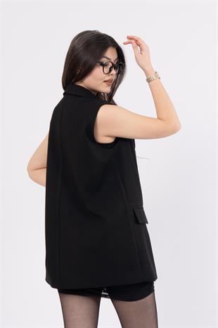 Düşük Omuzlu Süs Cepli Uzun Yelek 9128