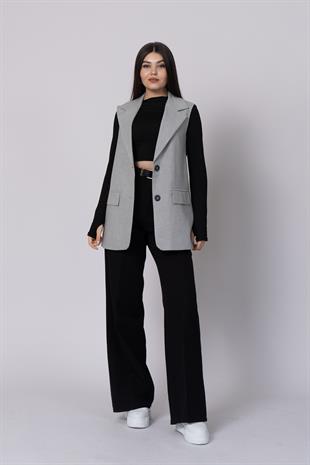 Düşük Omuzlu Süs Cepli Uzun Yelek 9128