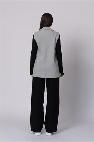 Düşük Omuzlu Süs Cepli Uzun Yelek 9128