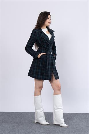 Ekose Desen Beli Kuşaklı Trenc Palto 2576