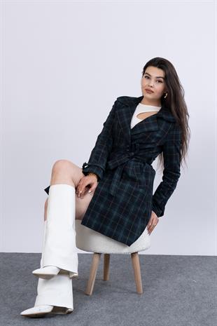 Ekose Desen Beli Kuşaklı Trenc Palto 2576