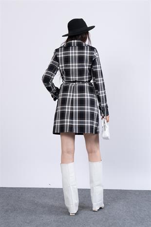 Ekose Desen Beli Kuşaklı Trenc Palto 2576