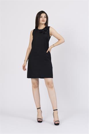 El İşlemesi Gül ve Taş Deteylı Keten Viskoz Kısa Elbise 50288