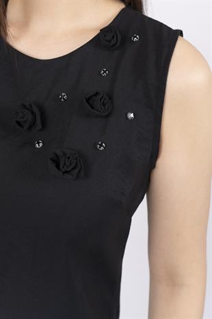 El İşlemesi Gül ve Taş Deteylı Keten Viskoz Kısa Elbise 50288
