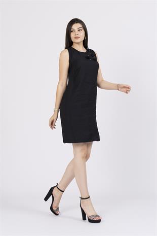 El İşlemesi Gül ve Taş Deteylı Keten Viskoz Kısa Elbise 50288