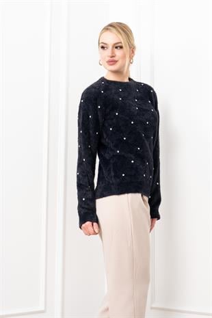 Elara Taşlı Baklava Desen Triko Kazak 24215