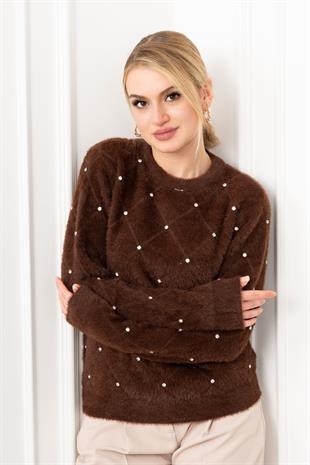 Elara Taşlı Baklava Desen Triko Kazak 24215