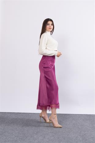 Etek Ucu Dantel Verev Düz Saten Etek 6751