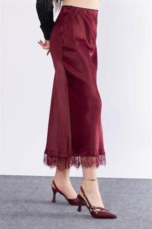 Etek Ucu Dantel Verev Düz Saten Etek 6751