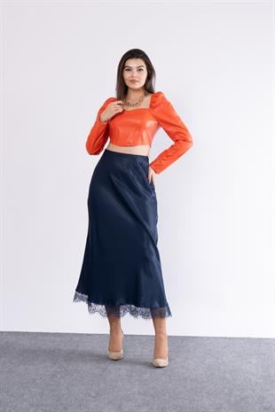 Etek Ucu Dantel Verev Düz Saten Etek 6751