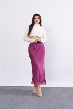 Etek Ucu Dantel Verev Düz Saten Etek 6751