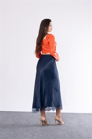 Etek Ucu Dantel Verev Düz Saten Etek 6751