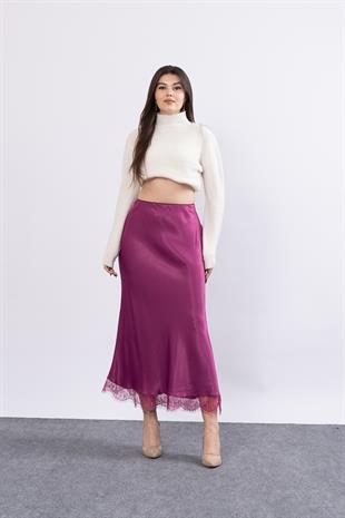 Etek Ucu Dantel Verev Düz Saten Etek 6751