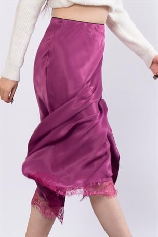 Etek Ucu Dantel Verev Düz Saten Etek 6751