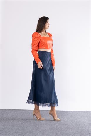 Etek Ucu Dantel Verev Düz Saten Etek 6751