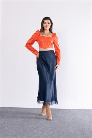 Etek Ucu Dantel Verev Düz Saten Etek 6751