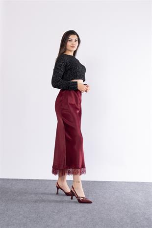 Etek Ucu Dantel Verev Düz Saten Etek 6751