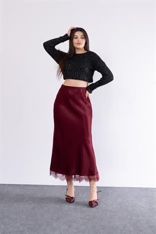 Etek Ucu Dantel Verev Düz Saten Etek 6751