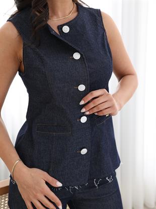 Etek Ucu Lazer Kesim Kot Denim Yelek 9125