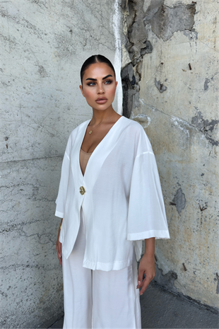 Fakir Kol Modal Kumaş Bol Ceket Ve Pantolon Takım 1256