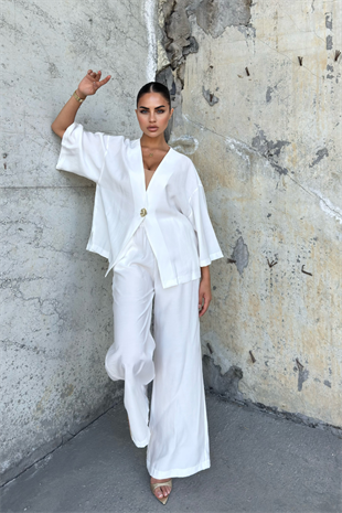 Fakir Kol Modal Kumaş Bol Ceket Ve Pantolon Takım 1256