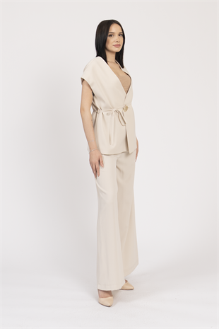 Fleto Detay Bağlamalı Yelek ve Kemerli Beli Lastikli Pantolon Takım 1216
