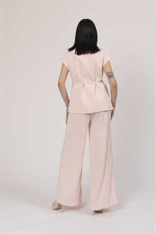 Fleto Detay Bağlamalı Yelek ve Kemerli Beli Lastikli Pantolon Takım 1216