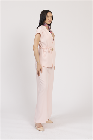 Fleto Detay Bağlamalı Yelek ve Kemerli Beli Lastikli Pantolon Takım 1216