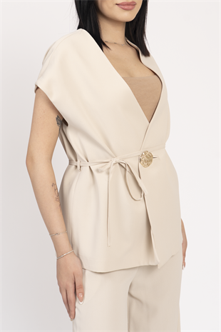 Fleto Detay Bağlamalı Yelek ve Kemerli Beli Lastikli Pantolon Takım 1216