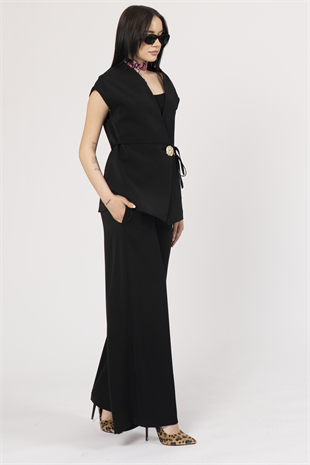 Fleto Detay Bağlamalı Yelek ve Kemerli Beli Lastikli Pantolon Takım 1216