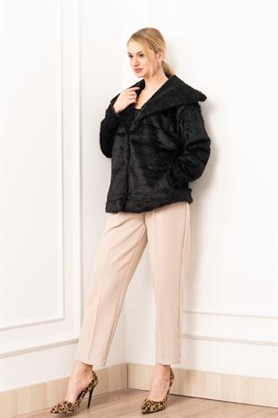 Geniş Yaka Peluş Kürk Kısa Kaban 2625