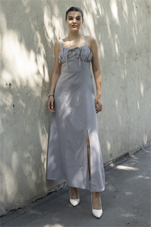 Göğüs Büzgülü Önden Yırtmaçlı Straplez Askılı Uzun Elbise 50322