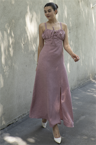 Göğüs Büzgülü Önden Yırtmaçlı Straplez Askılı Uzun Elbise 50322