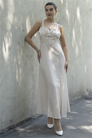 Göğüs Büzgülü Önden Yırtmaçlı Straplez Askılı Uzun Elbise 50322