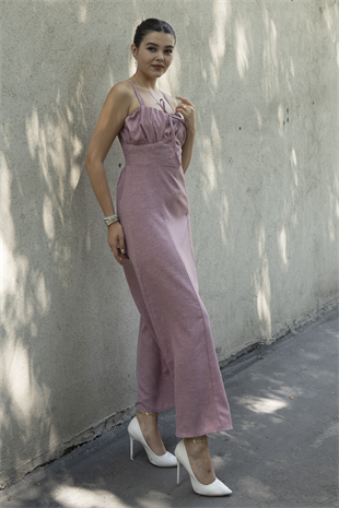 Göğüs Büzgülü Önden Yırtmaçlı Straplez Askılı Uzun Elbise 50322