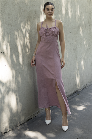 Göğüs Büzgülü Önden Yırtmaçlı Straplez Askılı Uzun Elbise 50322