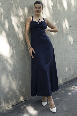 Göğüs Büzgülü Önden Yırtmaçlı Straplez Askılı Uzun Elbise 50322