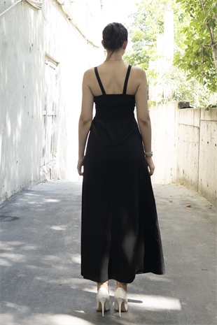 Göğüs Büzgülü Önden Yırtmaçlı Straplez Askılı Uzun Elbise 50322