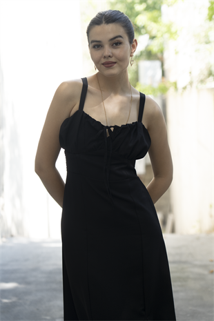 Göğüs Büzgülü Önden Yırtmaçlı Straplez Askılı Uzun Elbise 50322