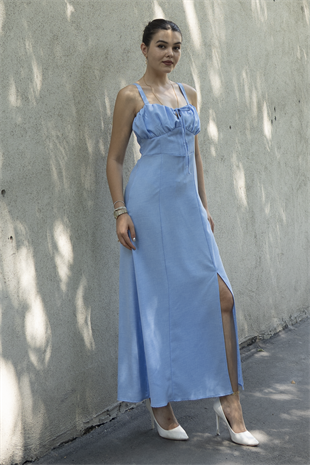 Göğüs Büzgülü Önden Yırtmaçlı Straplez Askılı Uzun Elbise 50322