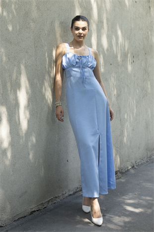 Göğüs Büzgülü Önden Yırtmaçlı Straplez Askılı Uzun Elbise 50322