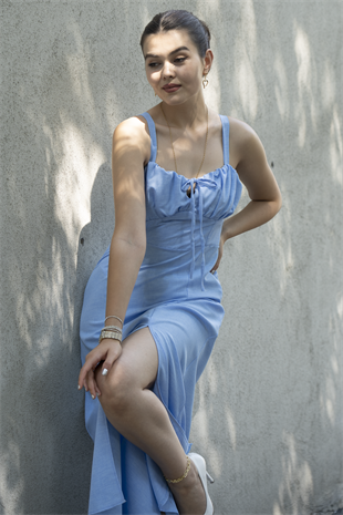 Göğüs Büzgülü Önden Yırtmaçlı Straplez Askılı Uzun Elbise 50322