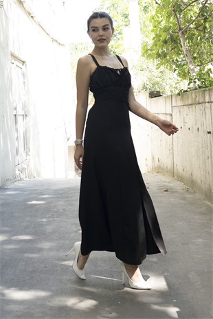 Göğüs Büzgülü Önden Yırtmaçlı Straplez Askılı Uzun Elbise 50322