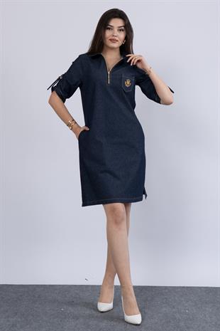 Günlük şıklığın vazgeçilmezi Apolet kol detaylı Gömlek Yaka, Likralı Kot Jean Cepli Elbise 50303