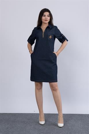 Günlük şıklığın vazgeçilmezi Apolet kol detaylı Gömlek Yaka, Likralı Kot Jean Cepli Elbise 50303