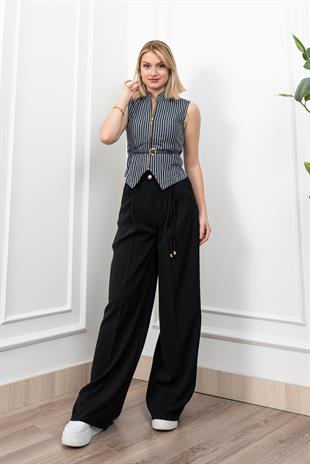 Hakim Yaka Çizgili Denim Yelek 9134