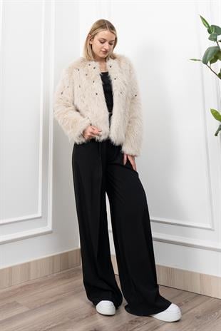 İnci Detaylı Peluş Kürk Mont Ceket 2602