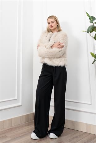 İnci Detaylı Peluş Kürk Mont Ceket 2602