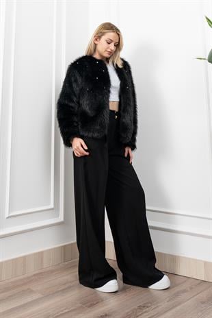 İnci Detaylı Peluş Kürk Mont Ceket 2602