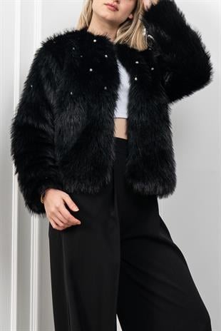 İnci Detaylı Peluş Kürk Mont Ceket 2602